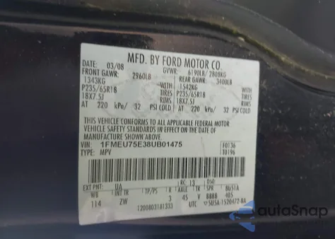 2008 Ford Explorer Limited from USA, damaged, VIN 1FMEU75E38UB01475